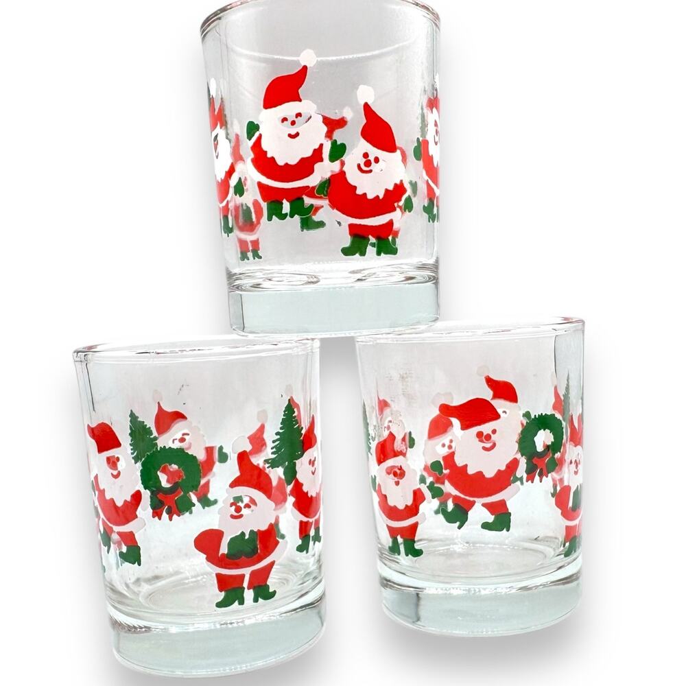 X3 Vintage Indiana Glass Christmas Votive Candle Holders Retro Holiday Santa